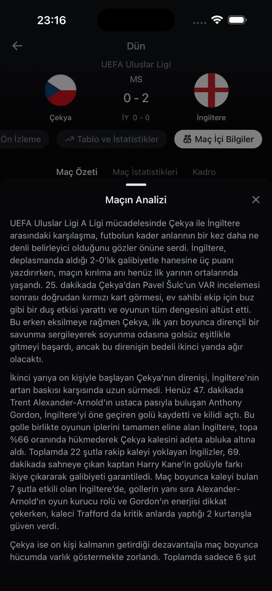 Maç sonu analizi ekranı