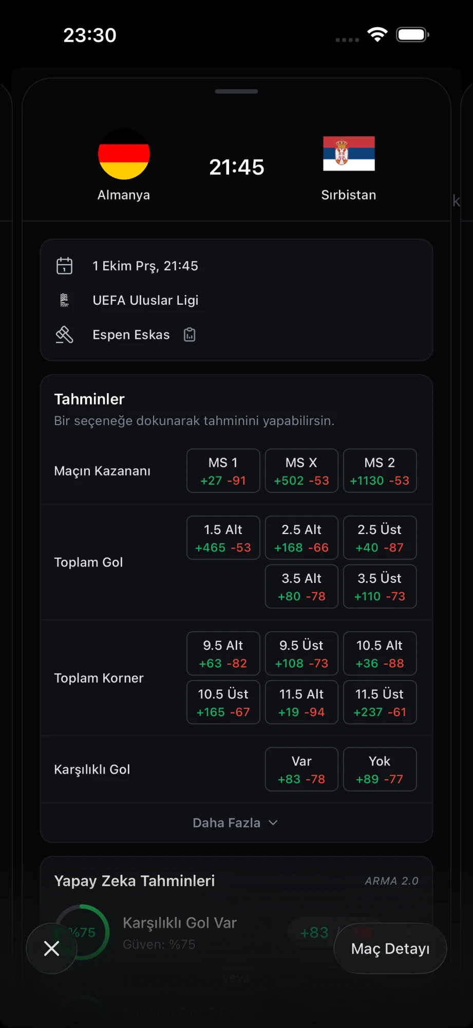 Maç tahmin seçenekleri ekranı