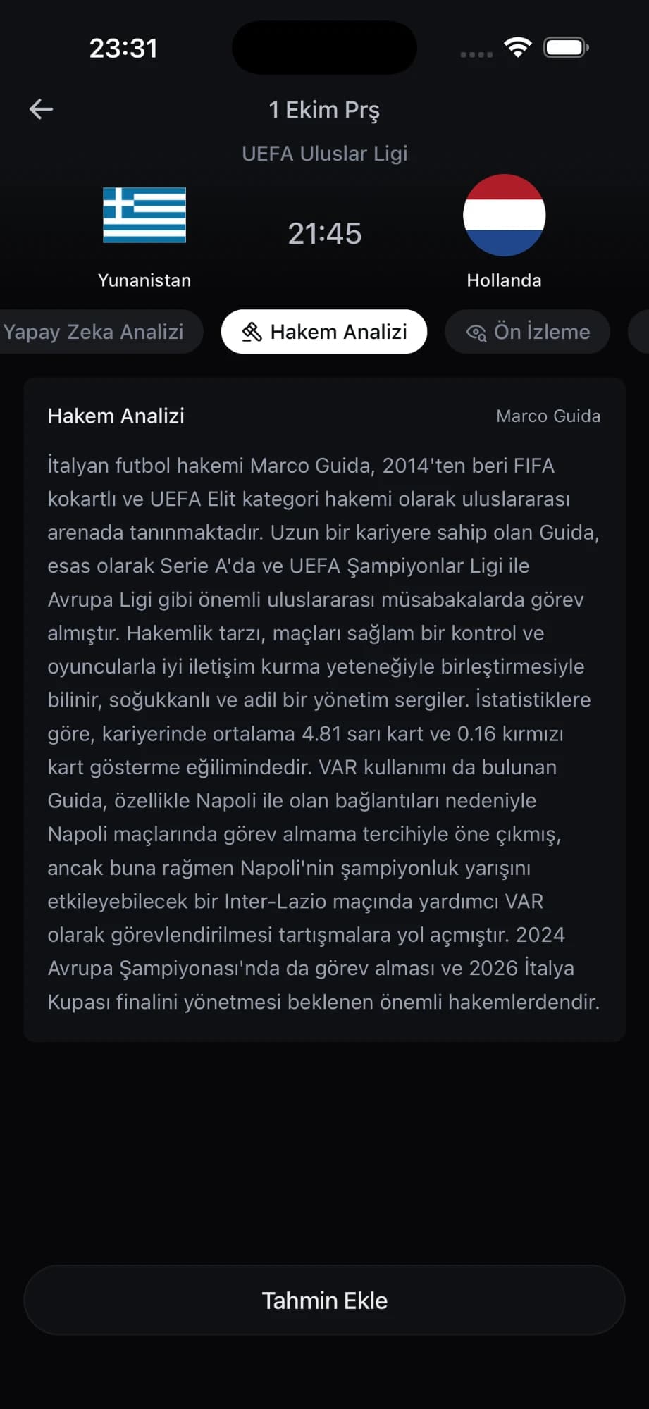 Hakem analizi ekranı