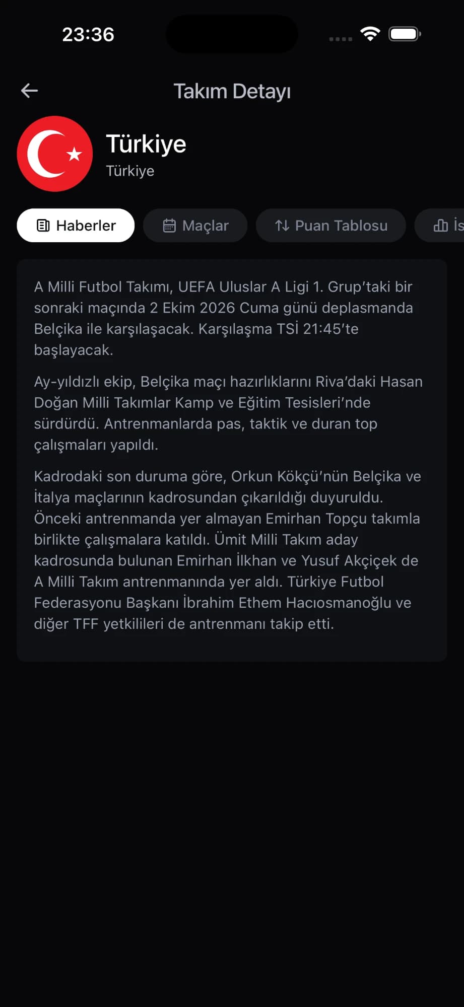 Takım haberleri ekranı